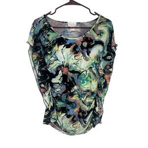 Vintage Y2K Slinky Top M Liquid Print Ruched Rave Funky‎ Colorful Indie Sleaze
